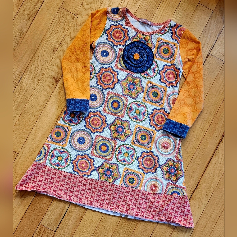 Jelly the Pug Crochet Collection Boho Knit Long Sleeve Orange Dress Size 7